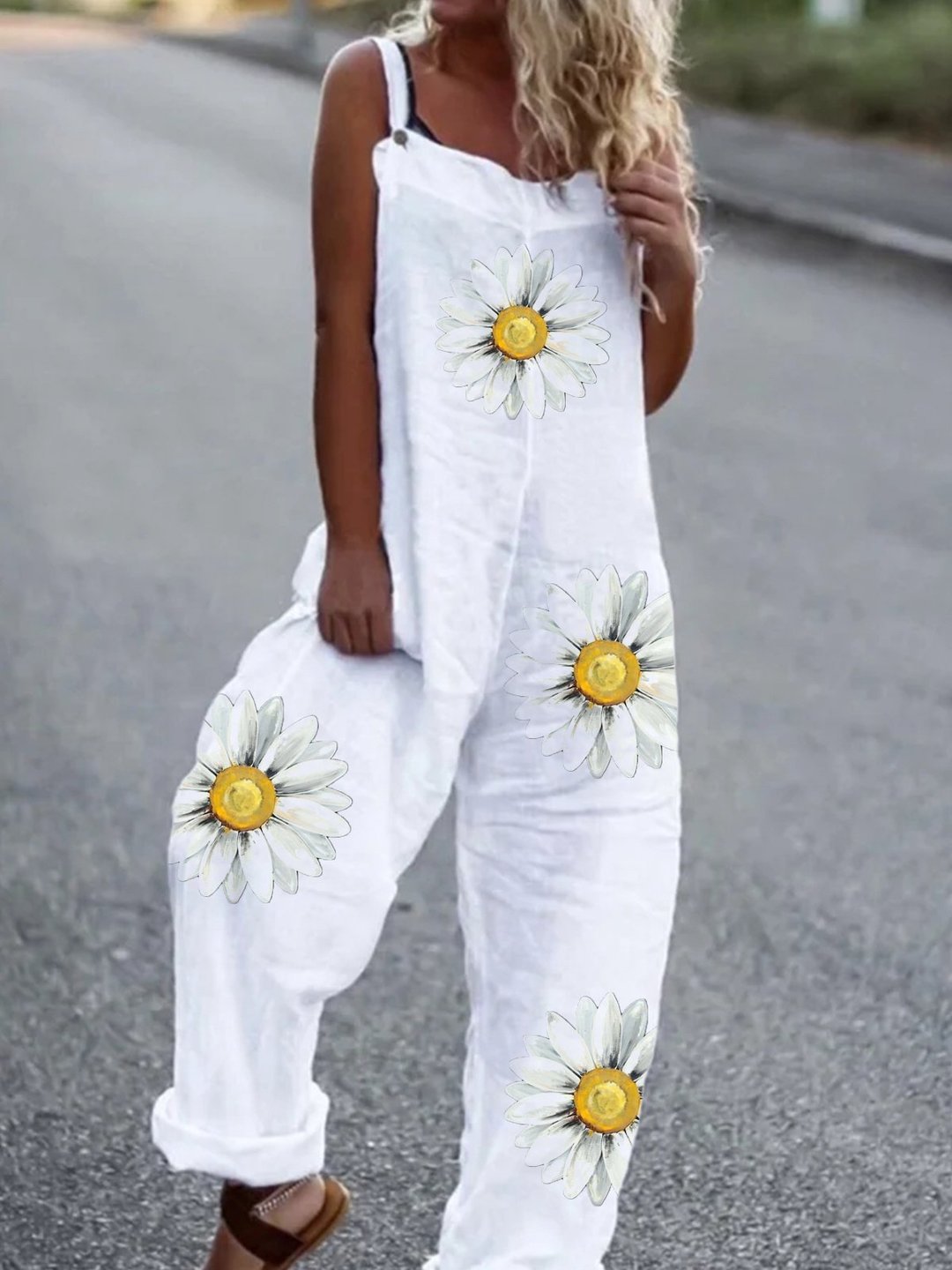 Sunflower Print Ladies Casual Cotton And Linen Jumpsuit