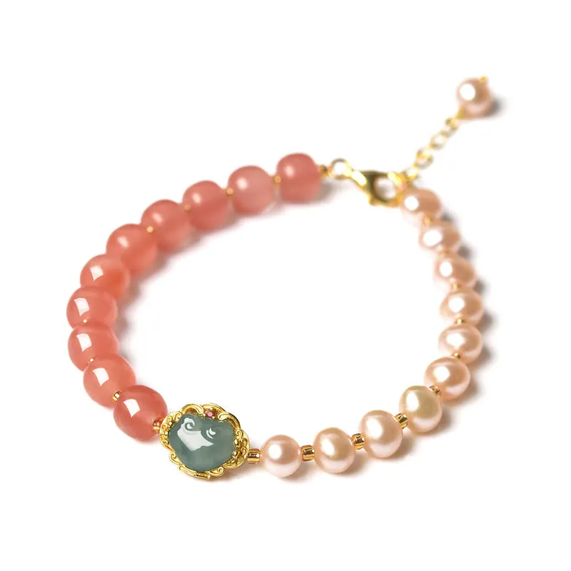 14K Gold Plated Natural Red Agate Pearl Jade Confidence Bracelet