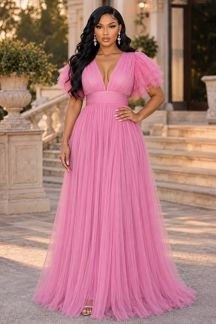 pink maxi dress a line Deep V Neck Layered Ruffle Tulle Short Sleeve A-Line Dresses-Pink formal pink dress Priyanka - From Team global-waist-Empire Floor Length Neckline Size:L (12)