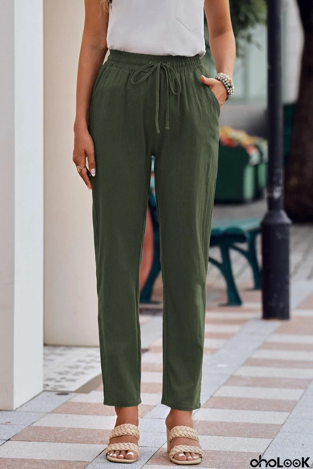 Drawstring Elastic Waist Pants with Pockets