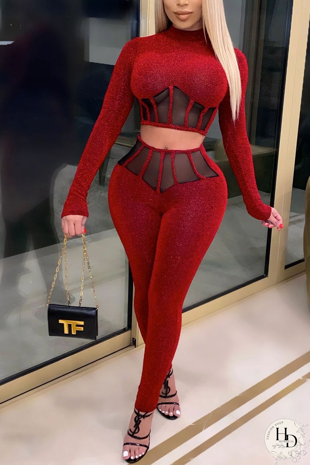 Red Sexy Solid Split Joint O Neck Long Sleeve Two Pieces