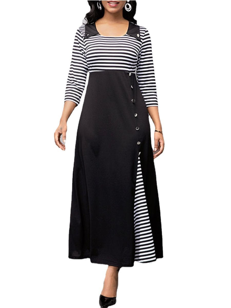 Women's Maxi Dress Stripes Patchwork Buttons Irregular Hem Swing Dress