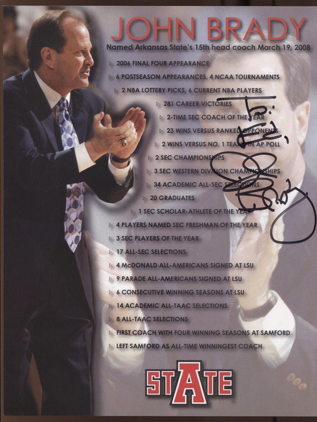 John Brady Signed 8.5 x 11 Photo Poster painting College NCAA Basketball Coach Autographed