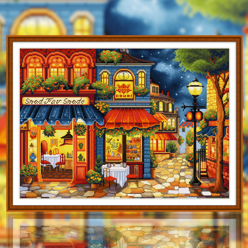 Scenery Meets Street Corner 14ct Pre-stamped Canvas(46*61cm) 75 Colors Egyptain Cotton Cross Stitch