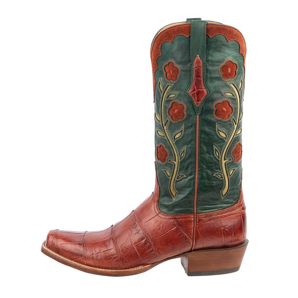 Vintage Brown & Green Croco Embossed Floral Inlay Cowgirl Boots