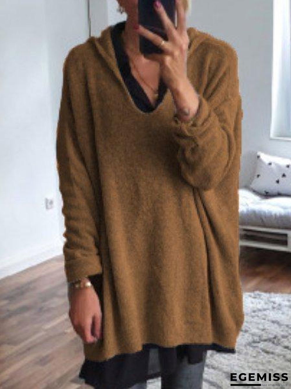 Women Solid Color Wool Blend V Neck Shift Pullover Sweater | EGEMISS