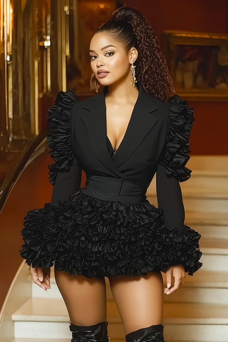 V Neck Long Sleeve Ruffle Hem A-Line Party Mini Dresses-Black [Pre Order]