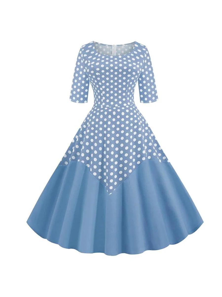 Vintage Dress Half Sleeve A Line Polka Dot Pinup Women O-Neck Casual Swing Dresses