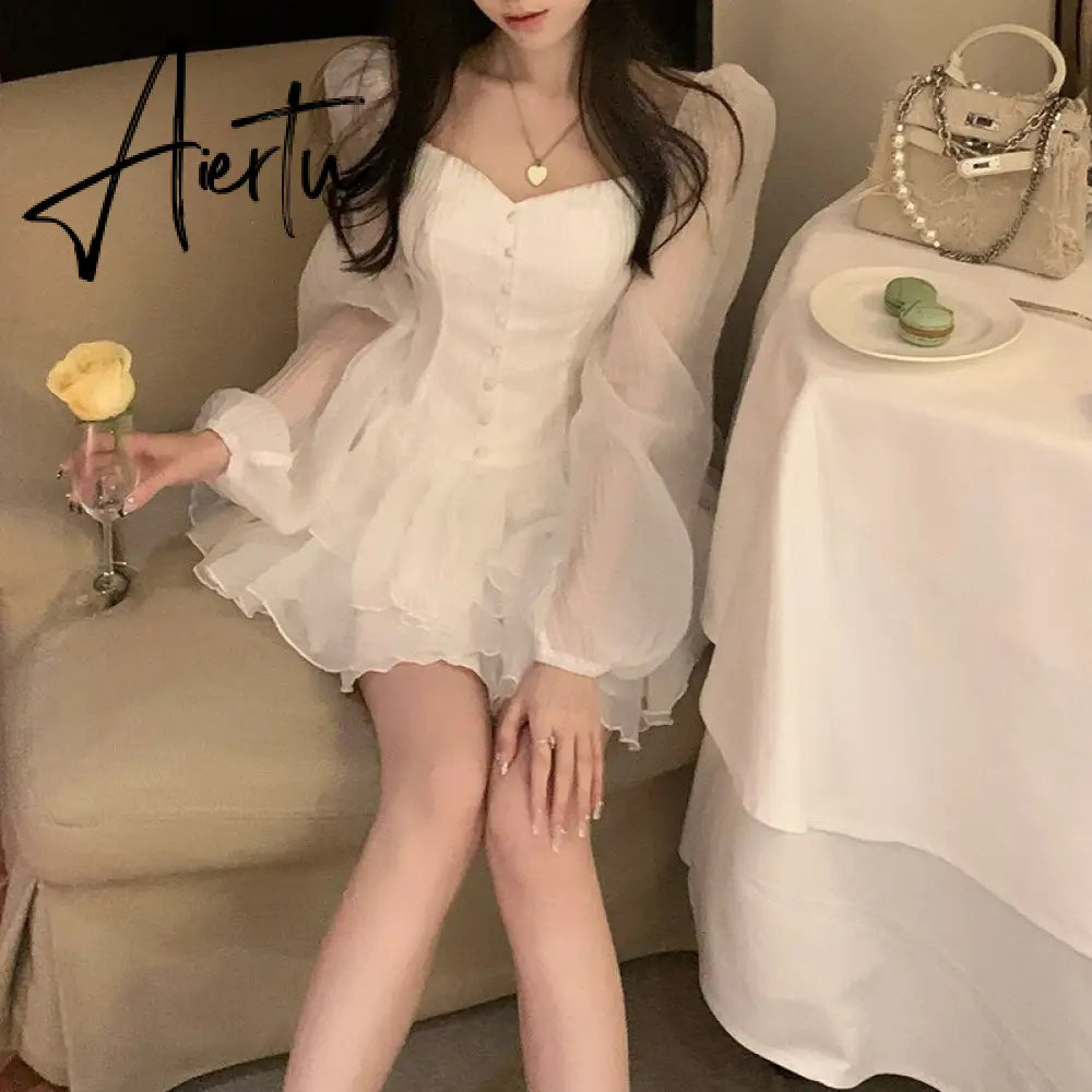 Retro Cupcake Dress Square Neck Puff Sleeve Dress Women Chic Patchwork Spring New High Waist Long Sleeve Short Dress Summer Aiertu