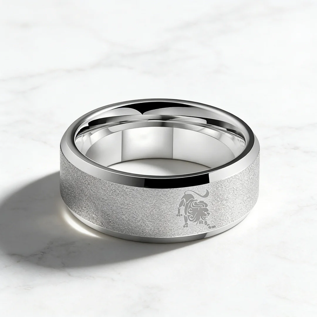 Sliver Laser Etched Couple Wedding Band Sliver Leo Tungsten Carbide Rings Beveled Edges 4MM 6MM 8MM Width