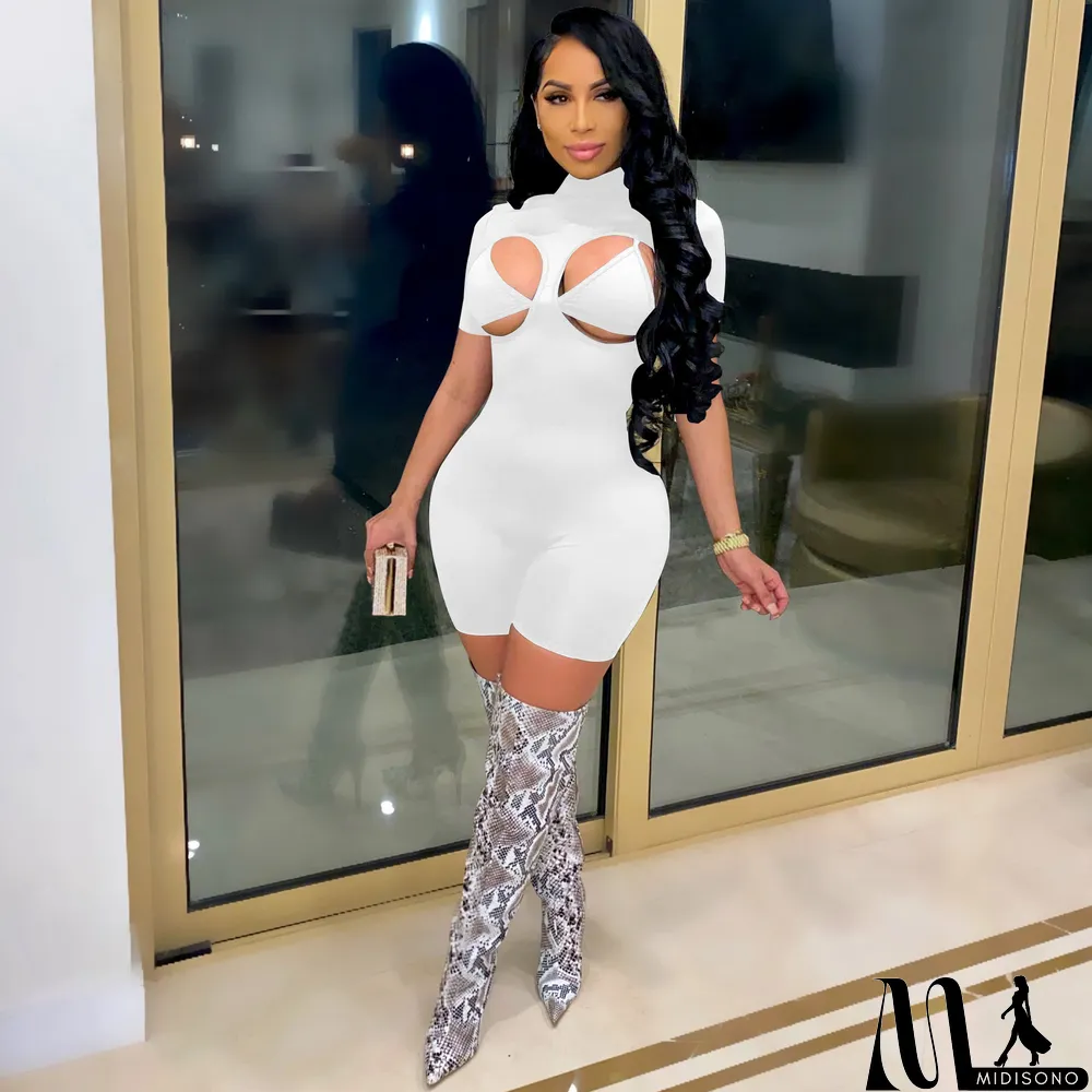 MidiSono - Solid Sexy Turtleneck Hollow Tight Rompers