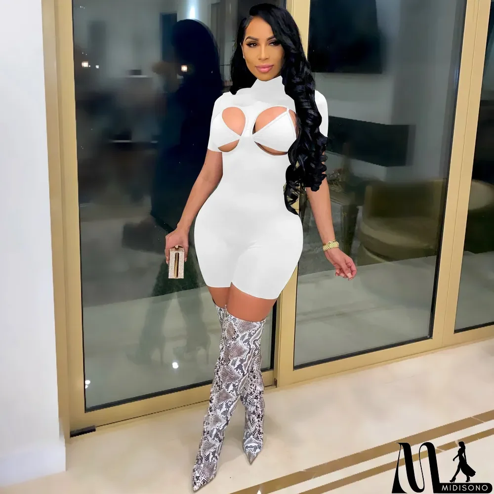 MidiSono - Solid Sexy Turtleneck Hollow Tight Rompers