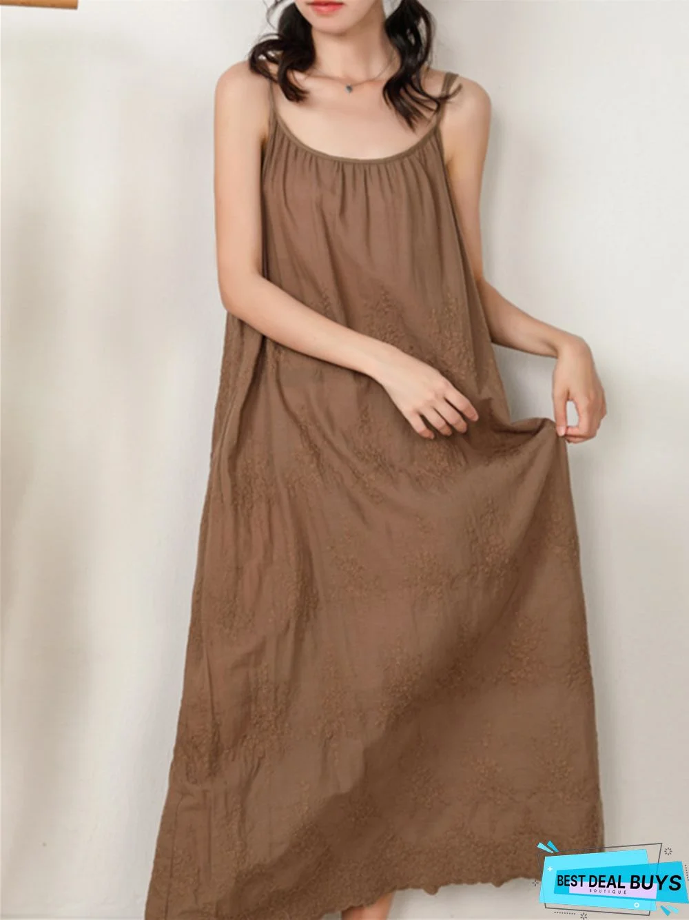 Fresh and Sweet Pure Color Dress Embroidered Loose Cotton Linen Skirt