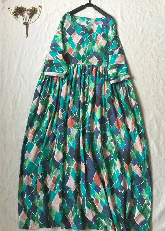 Beautiful Green O Neck Print Wrinkled Cotton Dresses Summer