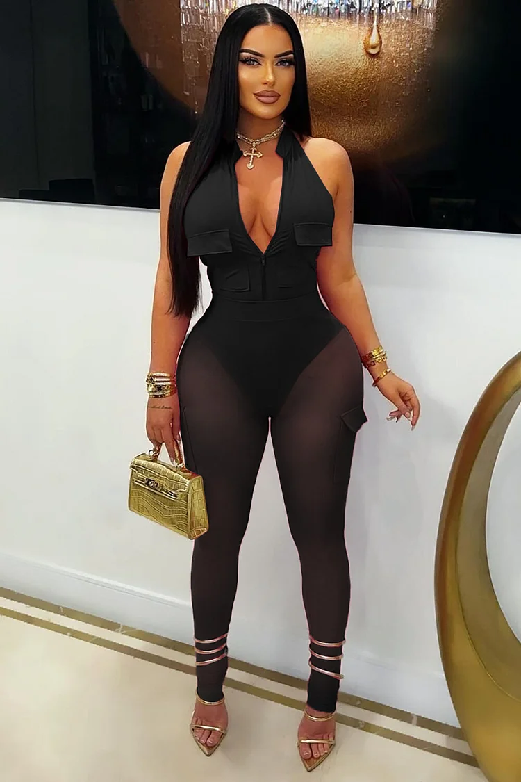 Pocket Zipper Halter Bodysuit Semi Sheer Mesh Leggings 2pcs Set-Pink