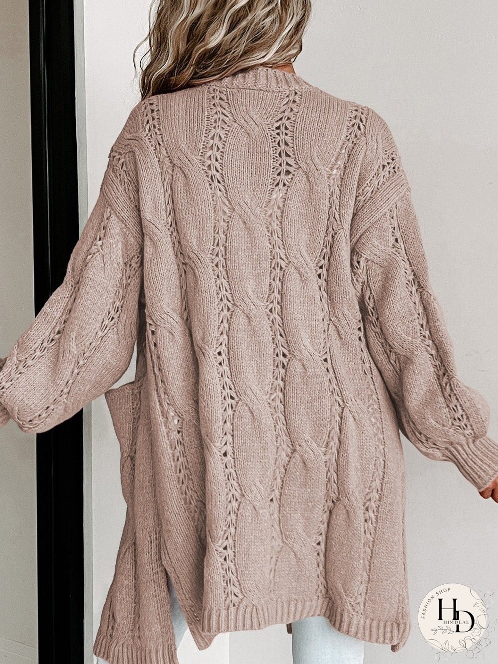 Apricot Eyelet Cable Knit Cardigan with Ribbed Trim
