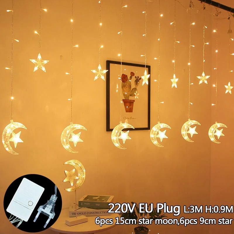 EID Mubarak Decoraion for Home Moon Star LED Curtain Light String Garland Islamic Muslim Party Al Adha Ramadan Christmas Decor