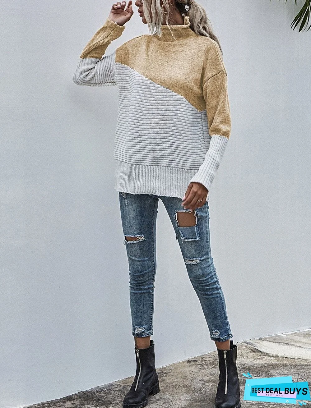 Color-Blocking Sweater Women's Autumn and Winter New Contrast Color Pullover Sweater