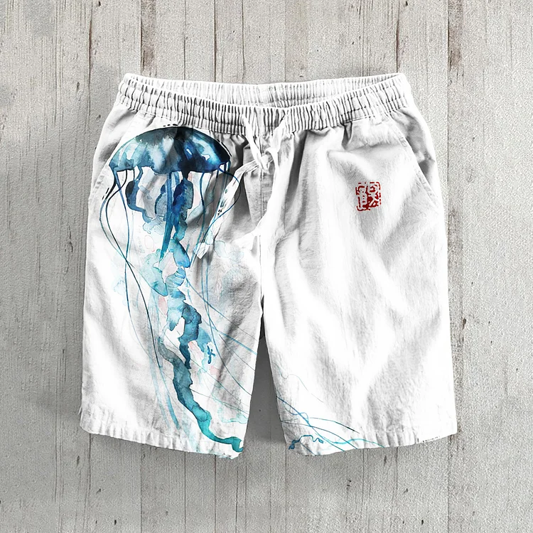 Japanese Art Jellyfish Print Linen Blend Casual Shorts
