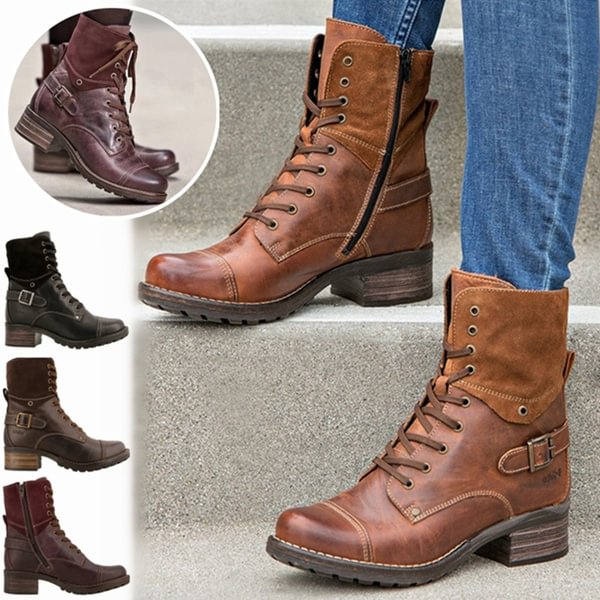 Fashion Boots for Women Vintage Leather Stitching Heel Boots Outdoor Pointed Mid-calf Cowboy Boots Tooling Motorcycle Boots Plus Size