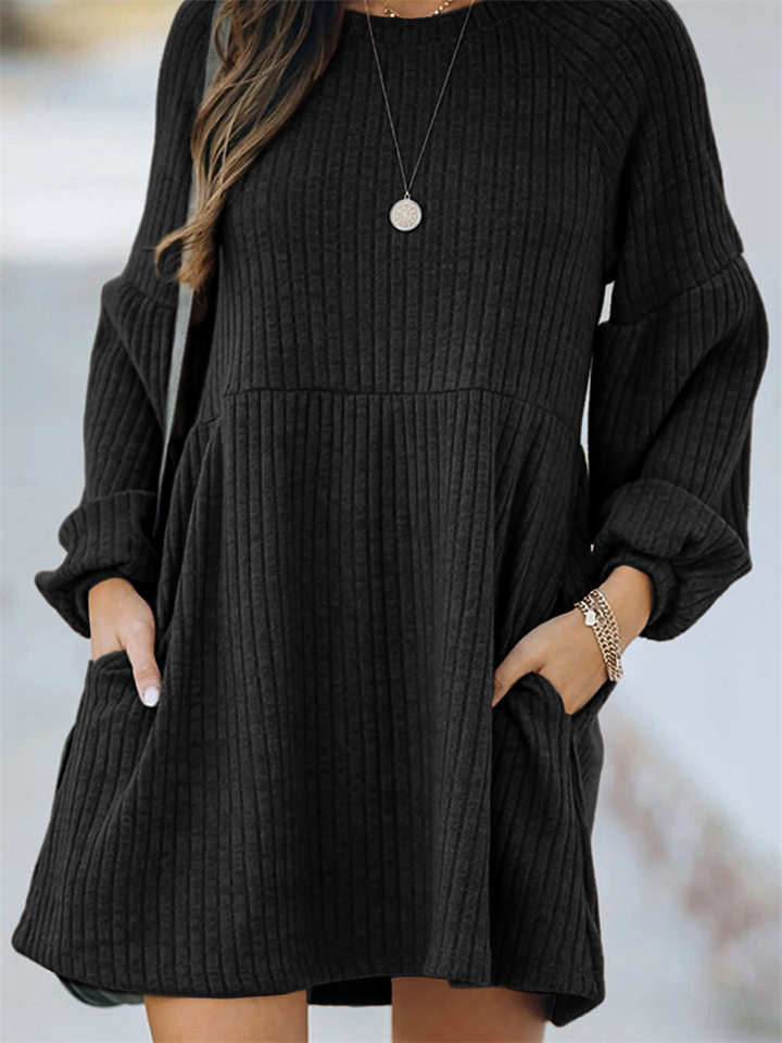 Solid Color Round Neck Knit Long Sleeve Dress-JRSEE