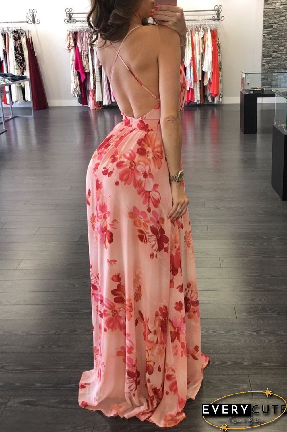 Popular European and American Deep V-neck Open Back Chiffon Dress