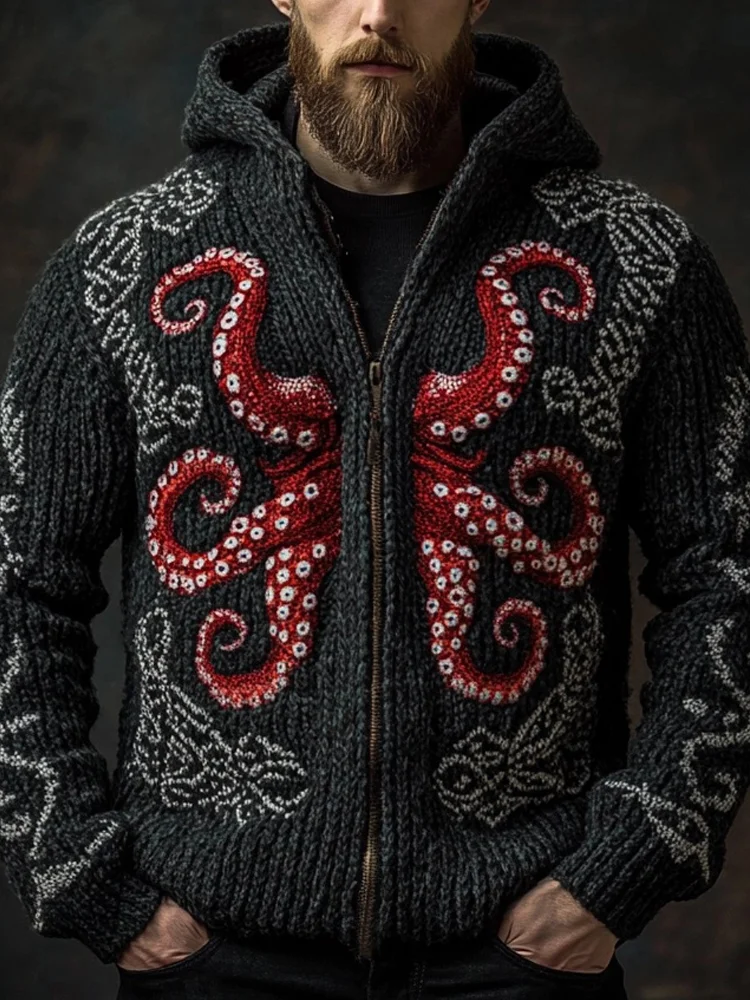 Men's Octopus Embroidered Retro Cozy Hooded Cardigan