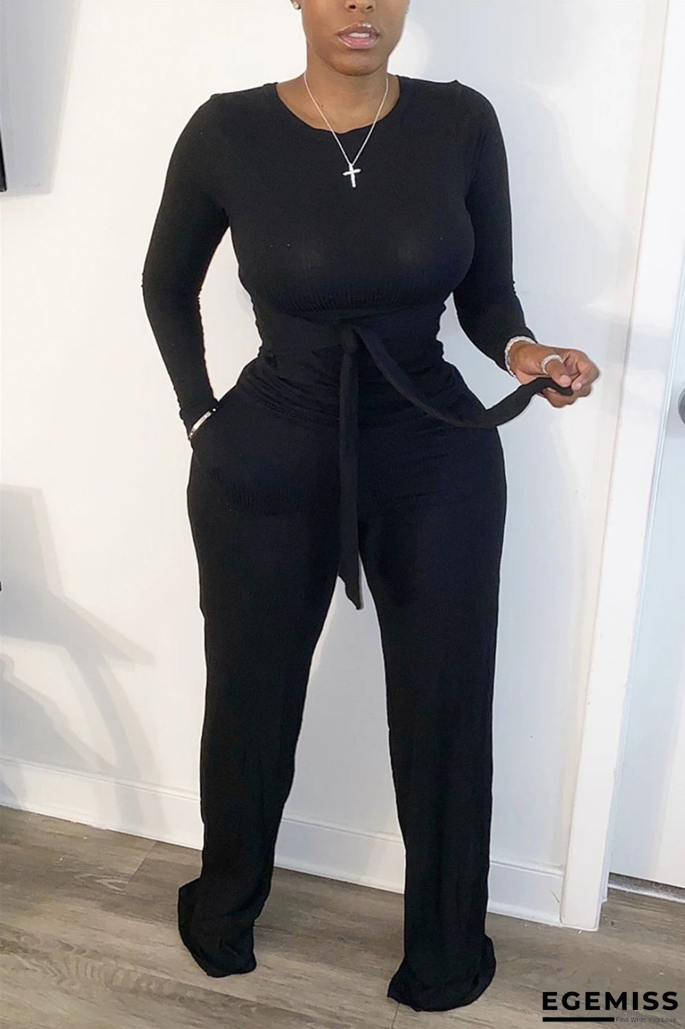 Black Fashion Casual adult Ma'am Patchwork Solid Two Piece Suits Straight Long Sleeve Two Pieces | EGEMISS