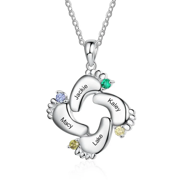 Baby Feet Necklace with 4 Birthstones Engraved 4 Names Family Necklace