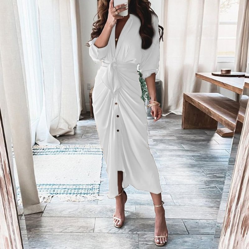 Autumn Print Long Sleeve Lace-up Single-breasted Shirtdress Tops