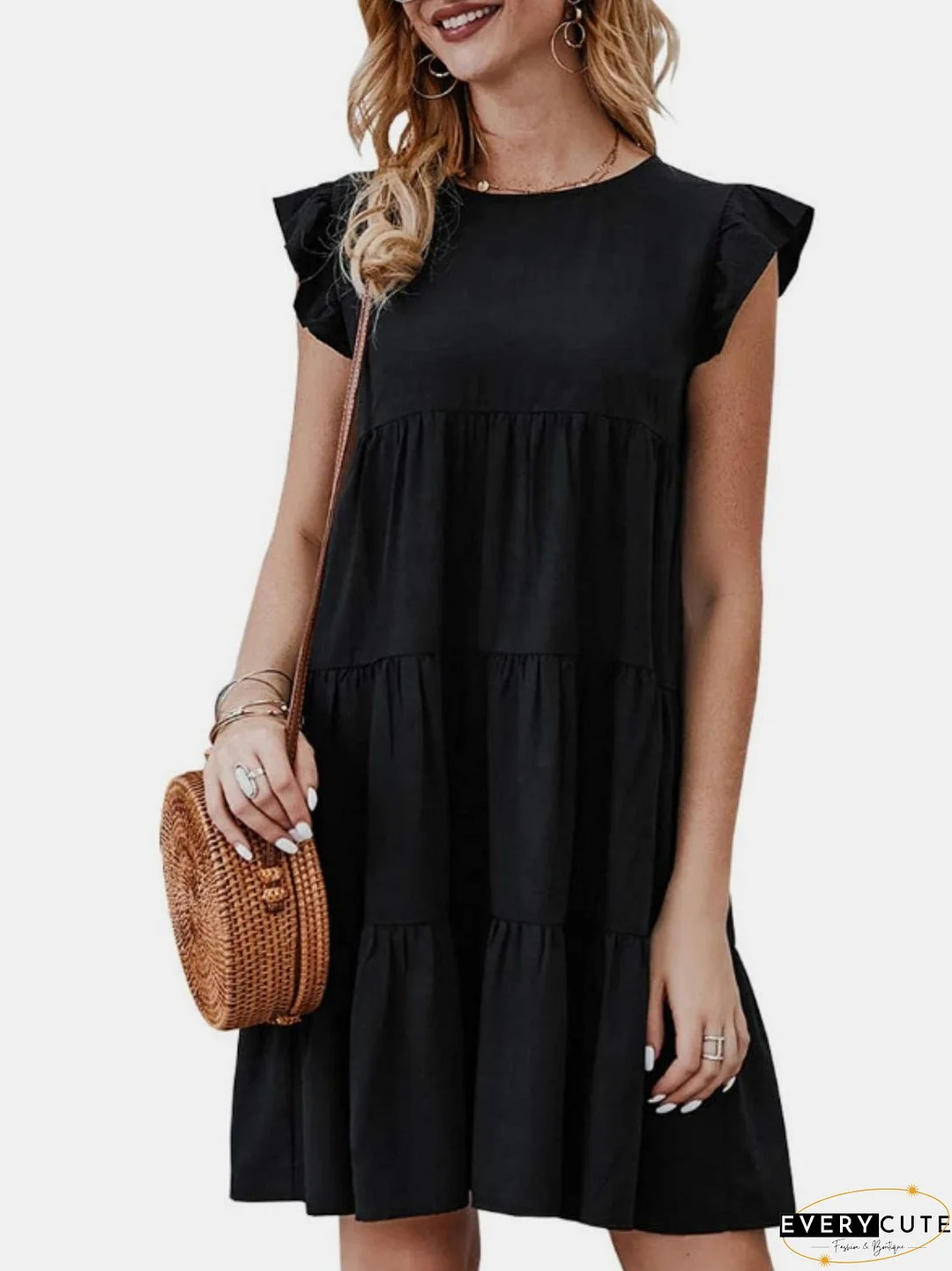 Ruffled Round Neck Cap Sleeve Mini Dress