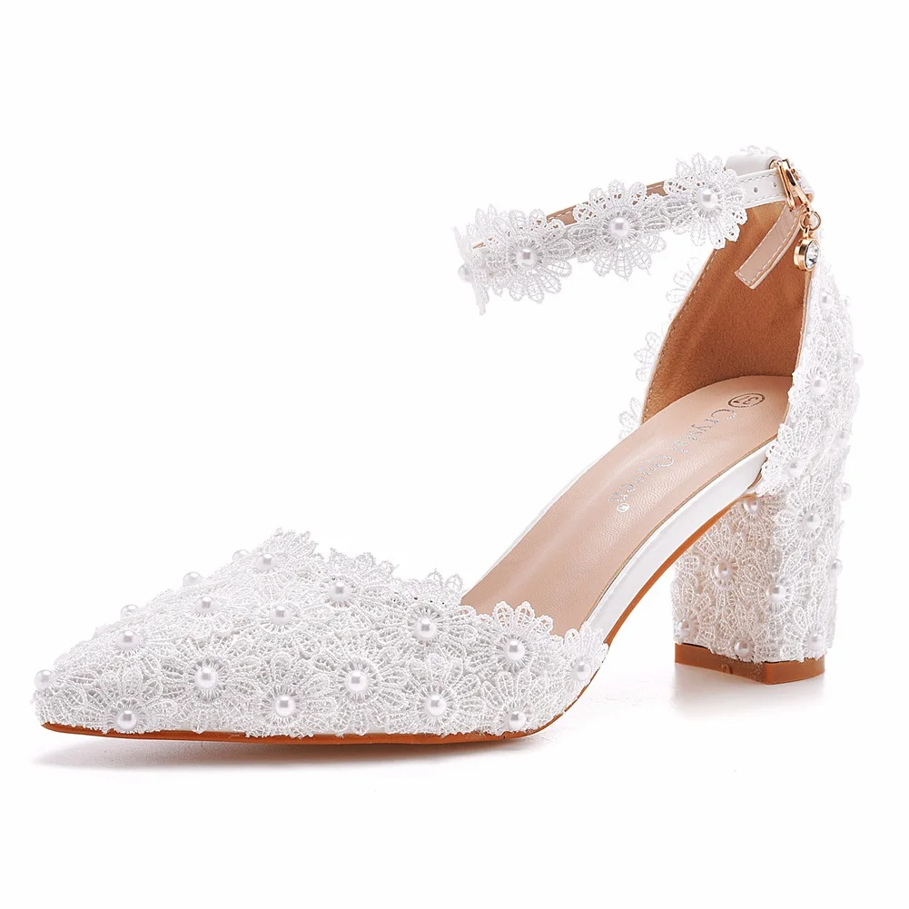 Breakj Breakj Cm White Lace Tip Hollow Women's Shoes Lace Wedding Dress Shoes Spring Coarse Square Root Tips Sandals