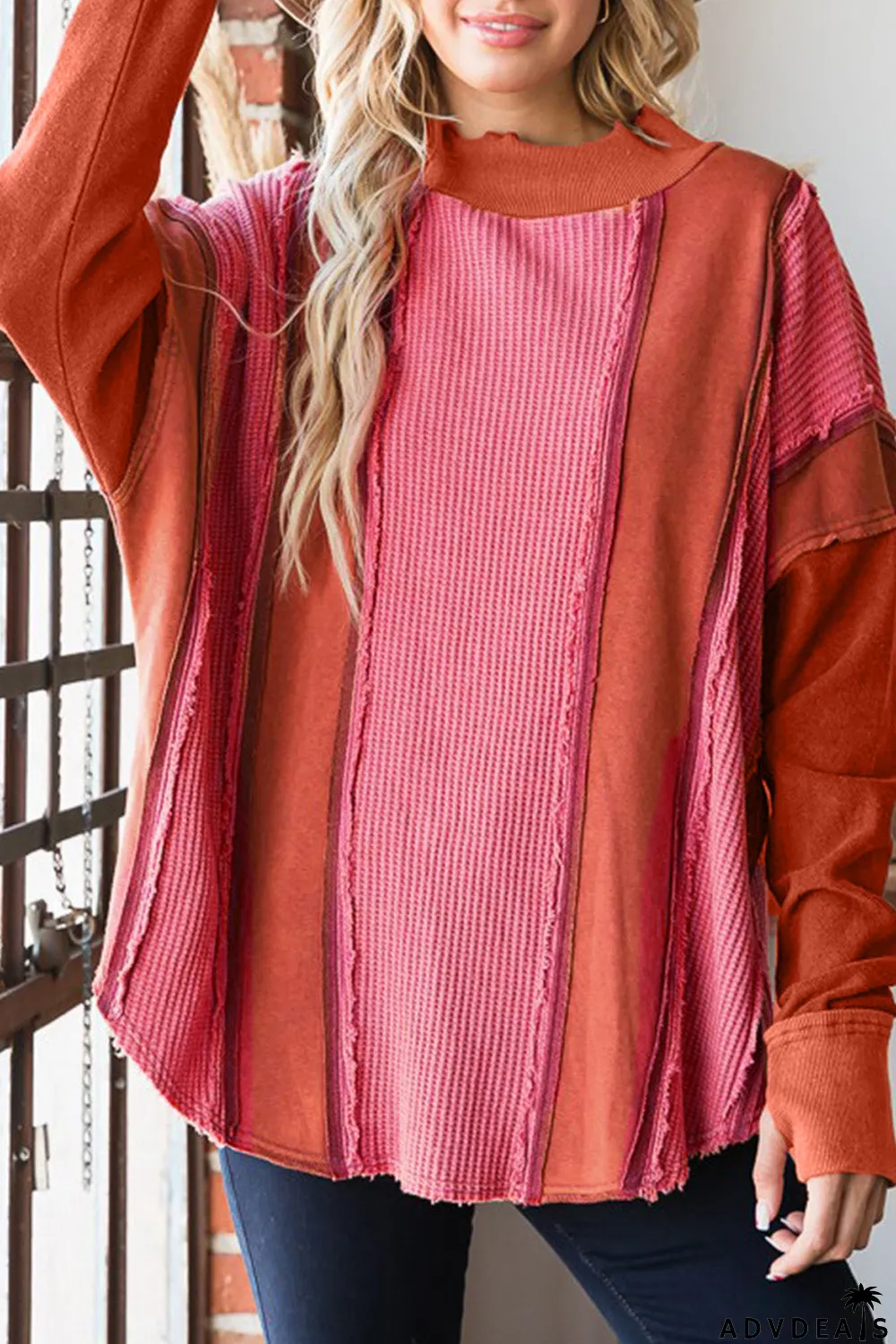 Red Waffle Knit Ripped Exposed Seam Patchwork Top with Thumbhole