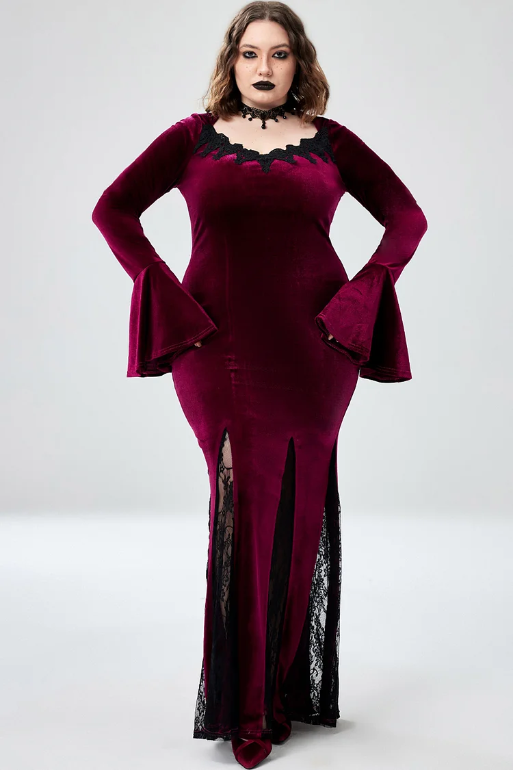 Xpluswear Design Plus Size Halloween Costume Burgundy Witches Gothic V-Neck  Trumpet Sleeve Velvet Lace Maxi DressShips 24h - Xpluswear.com