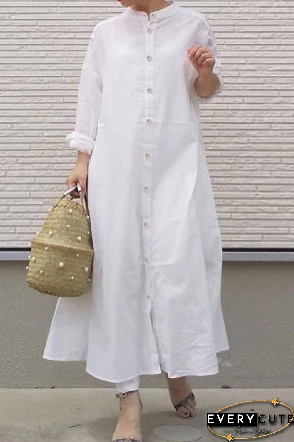 Street Solid Mandarin Collar Shirt Dress Dresses