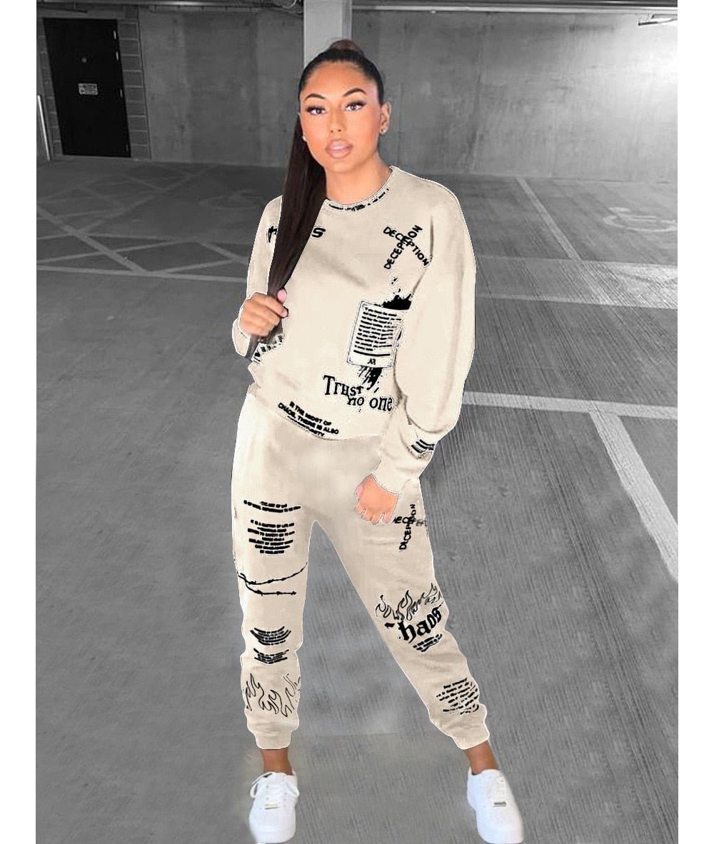 New 2 Piece Sets Womens Outfits Fall Winter Sweatsuit Letter Graffiti Print Crop Top Sweatpants Tracksuit Wholesale Dropshpping