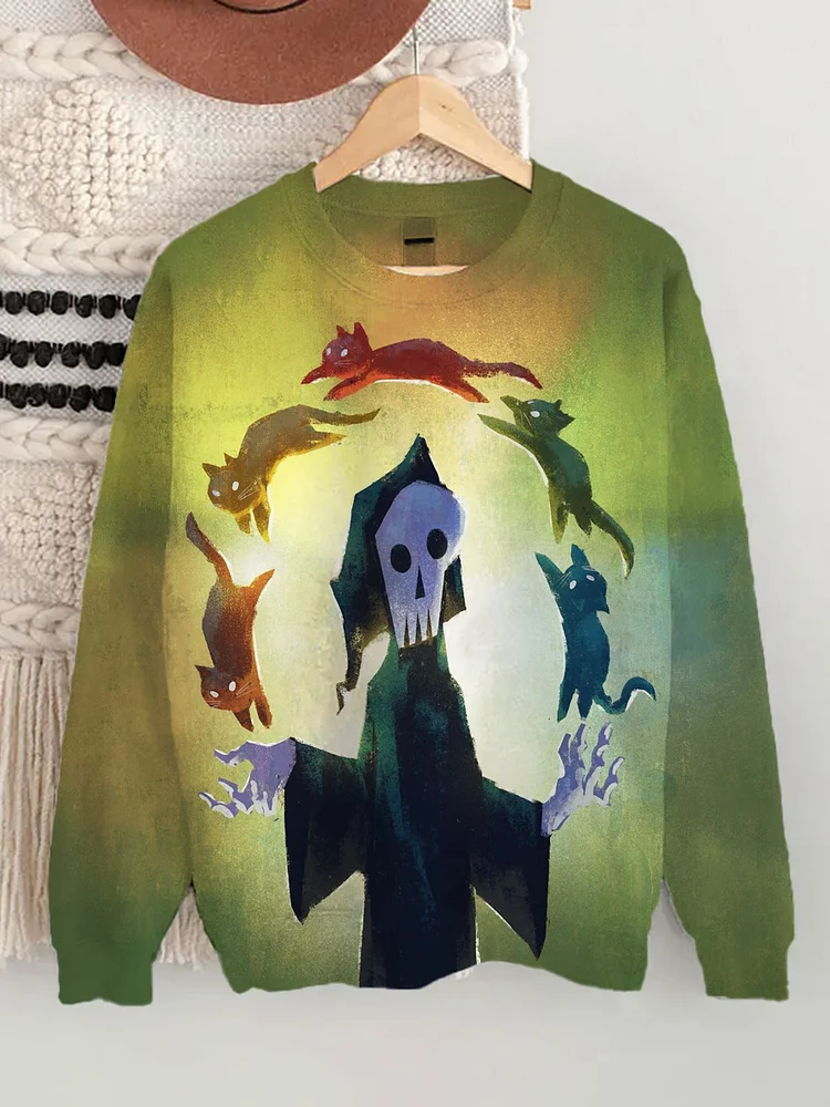 Women's Rainbow Cat and Skull Print Cozy Sweatshirt