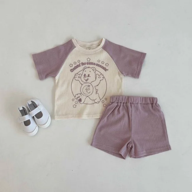 2pcs Baby Toddler Boy/Girl Bear Print Block Color Short Sleeve T-shirt and Shorts Set