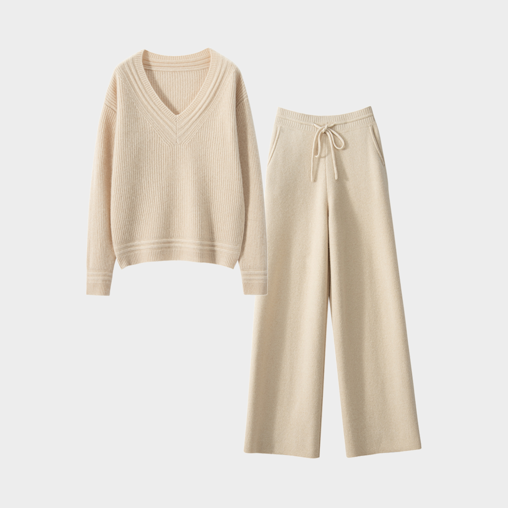 Women's Oatmeal V-Neck Cashmere Sweater and Pants Set | Casual Outfit REAL SILK LIFE