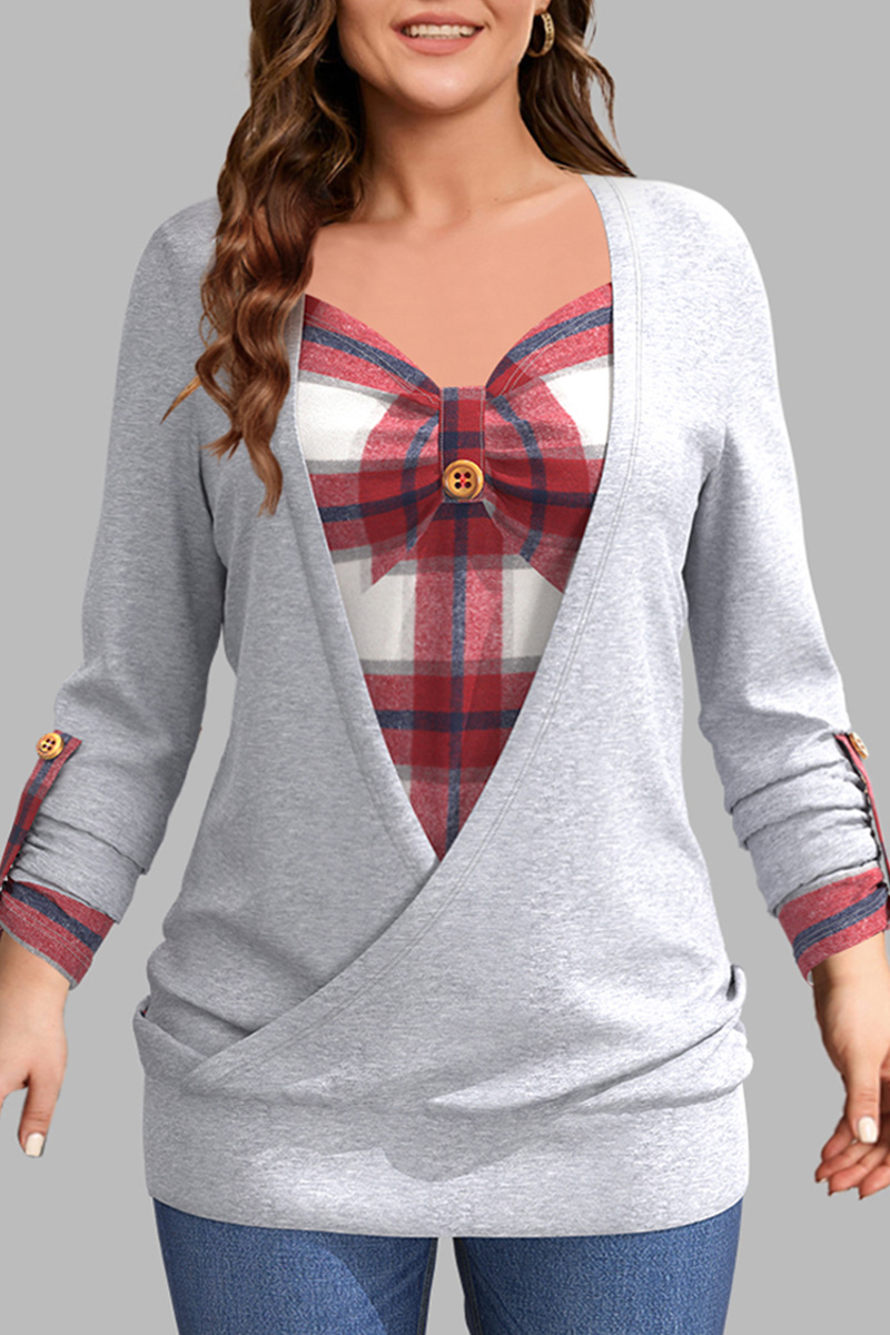 Flycurvy Plus Size Casual Grey Colorblock Plaid Print Fake Two Piece Blouse