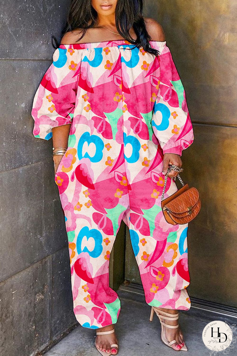 Pink Casual Print Patchwork Off the Shoulder Regular Jumpsuits