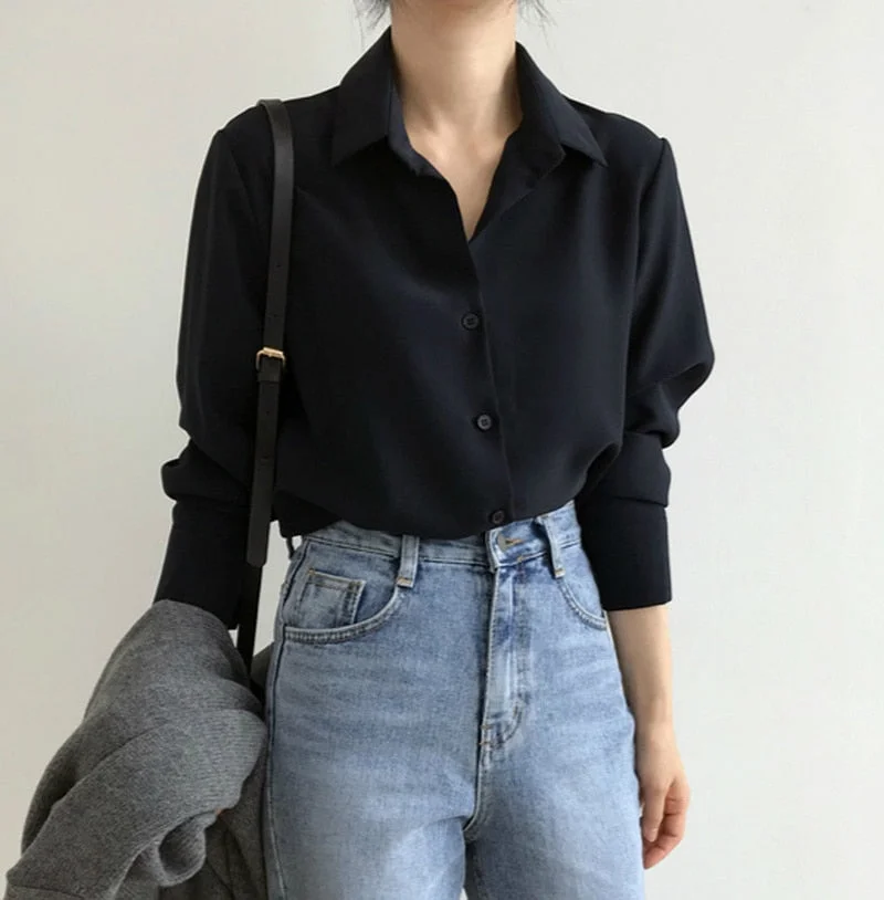 2021 Spring Fashion Women Tops Blouse White Blouse Bottom Shirt Black Korean Chiffon Shirt Office Lady Clothes All-match new