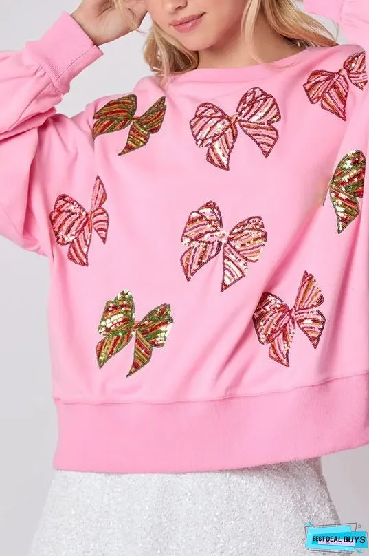 Christmas Bow Sequin Loose Casual Long Sleeve Sweatshirt