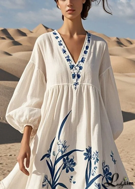 Beautiful White Oversized Print Cotton Dress Bracelet Sleeve