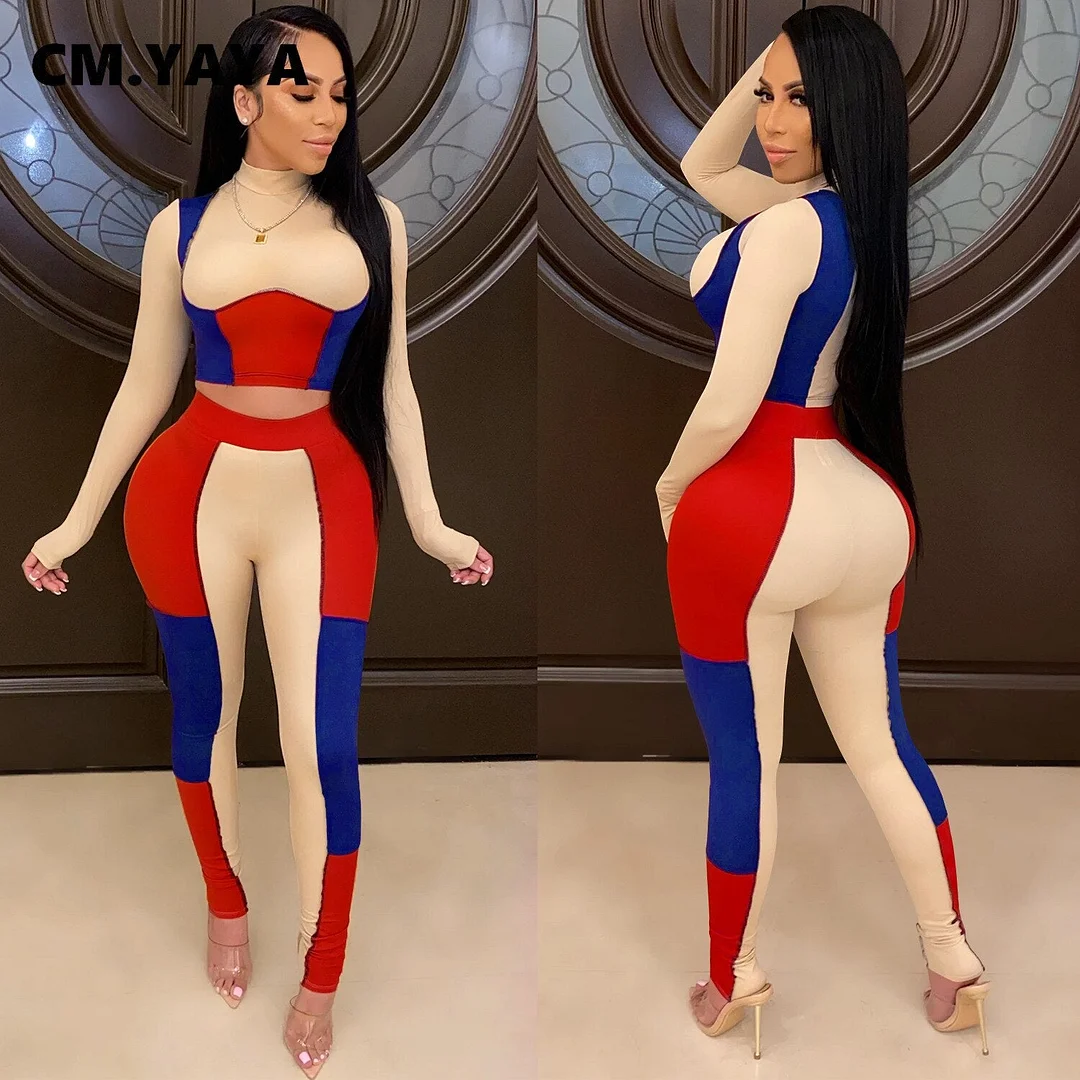 CM.YAYA Active Patchwork Sweatsuit Women's Set Long Sleeve Tee Tops Pants Suit Streetwear Tracksuit Two Piece Set Fitness Outfit