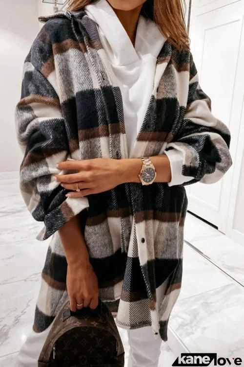 Plaid Lapel Hem Slit Loose Coat