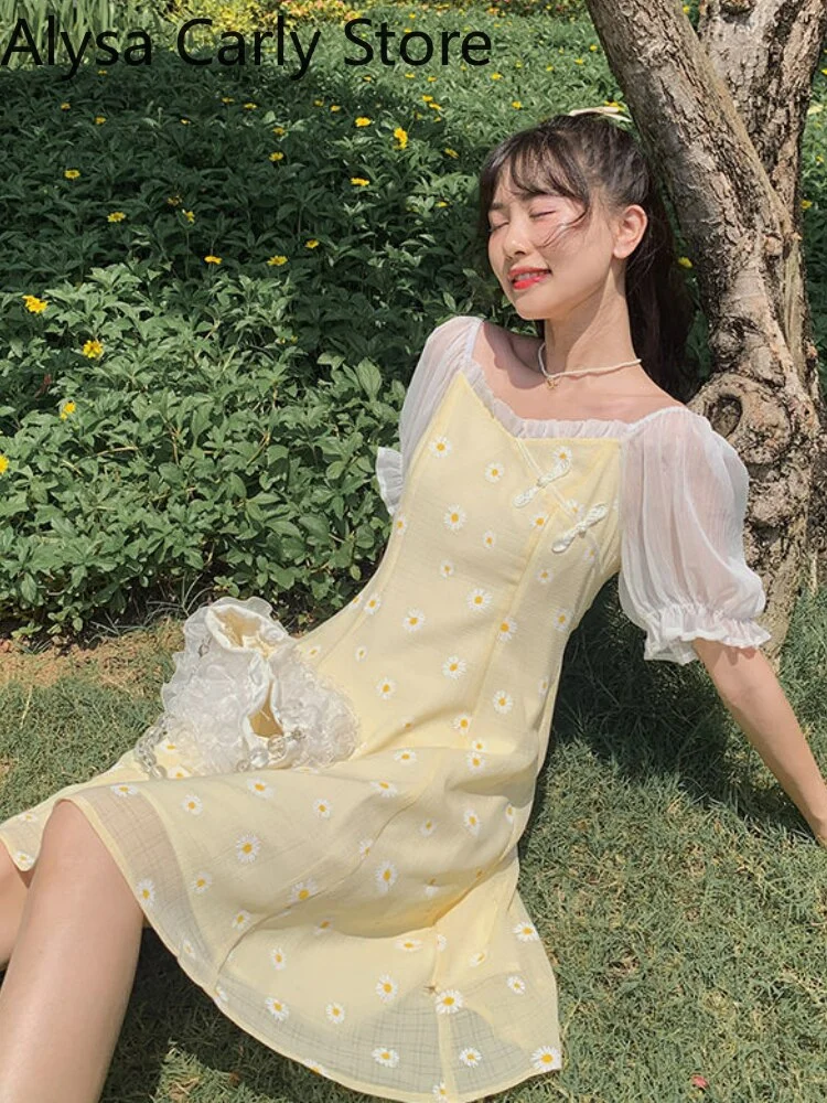 Cartoonh Floral Vintage Dress Women Patchwork Chiffion Puff Sleeve Sweet Fairy Dress Female Elegant Korean Party Dress 2022 Summer
