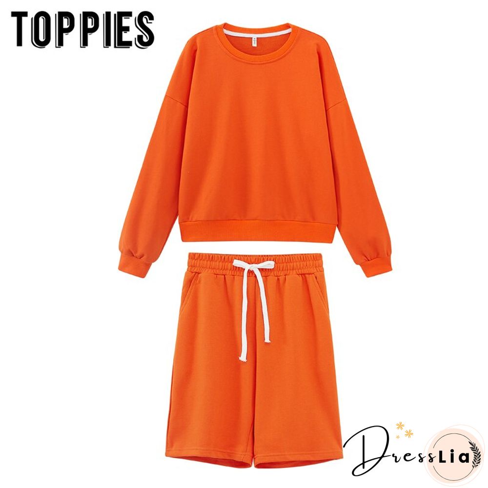 toppies Women Two Piece Set Tracksuits O-neck Sweatshirts Elastic High Waist bermuda shorts solid color