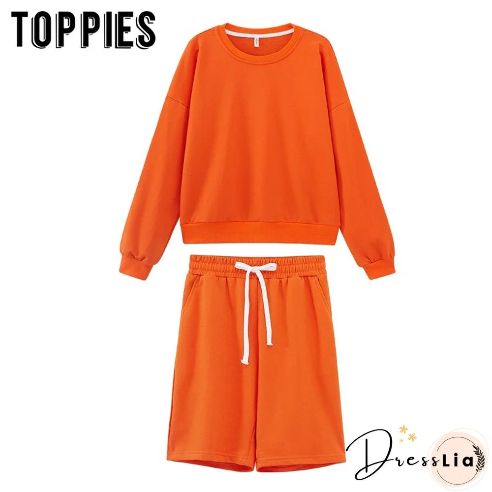 toppies Women Two Piece Set Tracksuits O-neck Sweatshirts Elastic High Waist bermuda shorts solid color