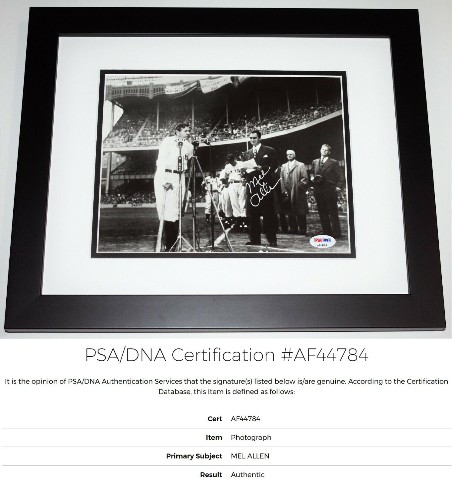 Mel Allen Signed Autographed NY Yankees 8x10 Photo Poster painting FRAMED - Died 1996 + PSA/DNA